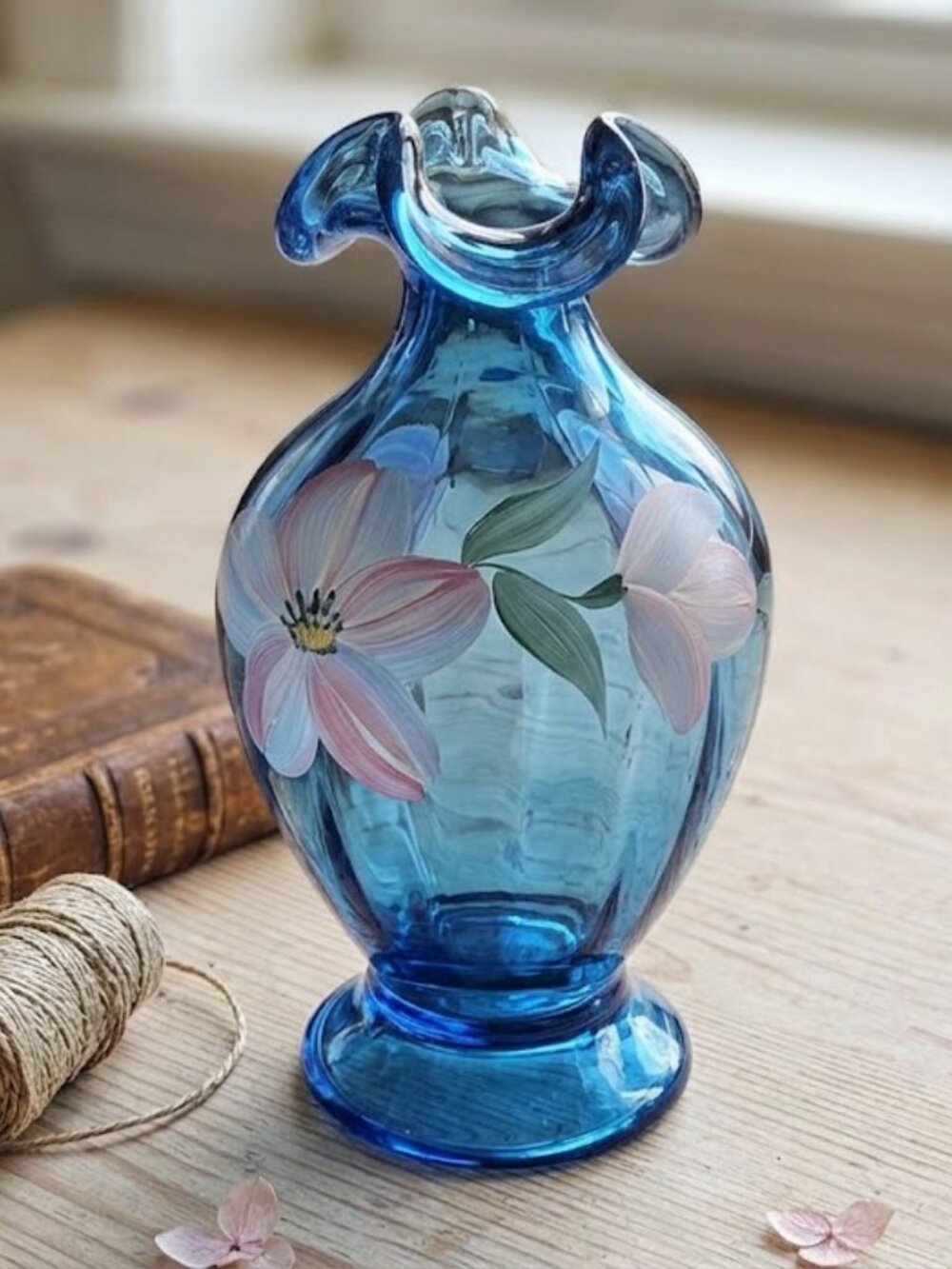 Vintage Fenton Twilight Blue Glass Vase Hand Painted Floral Signed